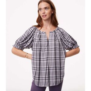 LOFT Puff Sleeve Split Neck Plaid Blouse Top Size Medium Soft Lightweight Casual